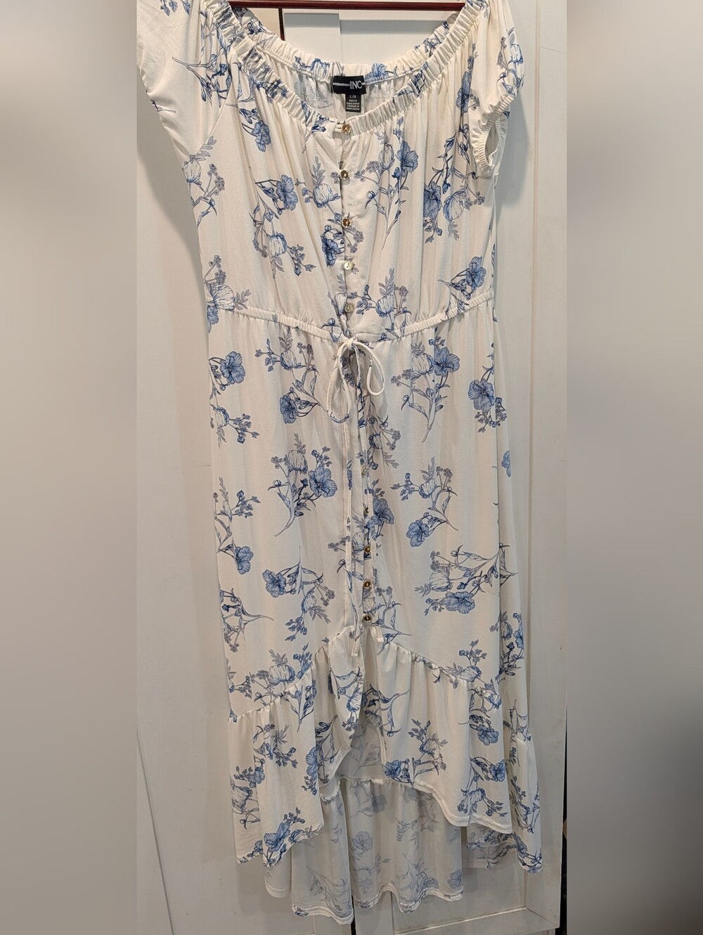 Inc International White Floral Button-Front Maxi Dress with Drawstring Waist